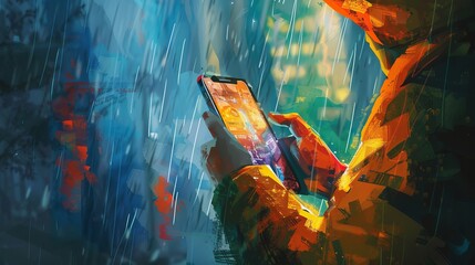 An illustration capturing a person engaged in a game on a smartphone, depicted in a stylized manner - obrazy, fototapety, plakaty