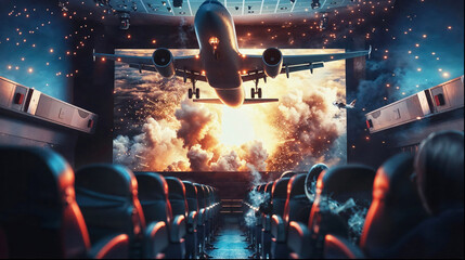 An intense cinema experience depicted with an airplane engulfed in flames over an excited audience in a theater