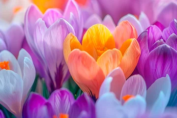  Close-up of orange and purple crocus flowers. Floral background. © Iryna