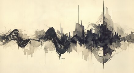Abstract ink painting of sound waves on textured paper, with a simple skyline silhouette in the background