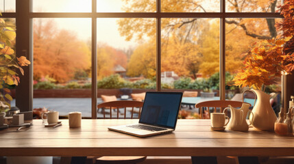 Laptop on a wooden table in a cafe with autumn leaves .