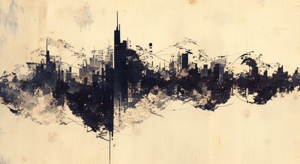 Abstract ink painting of sound waves on textured paper, with a simple skyline silhouette in the background