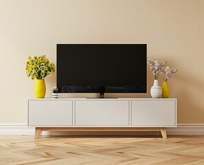  a modern TV stand with a black screen on a beige wall in a living room interior with a wooden floor and a yellow vase with flowers near a white cabinet