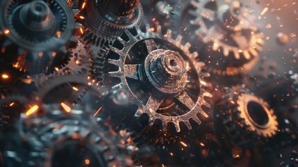 Gear wheels in abstract technology background: dynamic backdrop features interlocking gear wheels set against a futuristic tech-inspired environment. Engine and technological concept - obrazy, fototapety, plakaty
