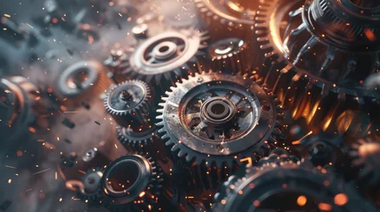 Fotobehang Gear wheels in abstract technology background: dynamic backdrop features interlocking gear wheels set against a futuristic tech-inspired environment. Engine and technological concept © eireenz