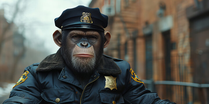 Intrepid Primate Officer Patrolling Sturdy Concrete Jungle Cityscape Banner