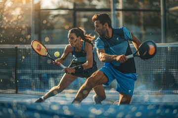 A dynamic duo, a male and female padel team, engage in a spirited game of tennis, showcasing agility, teamwork, and skill. - Powered by Adobe