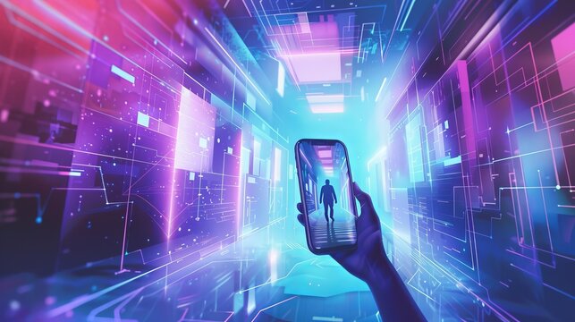 Exploring concepts of the Metaverse and Blockchain Technology, this illustration features a person experiencing a Metaverse virtual world via a smartphone, set in a futuristic tone
