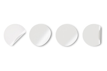 Set circle adhesive symbols. White tags, paper round stickers with peeling corner and shadow, isolated rounded plastic mockup, round paper adhesive sticker mockup with curved corner. 3d rendering.
