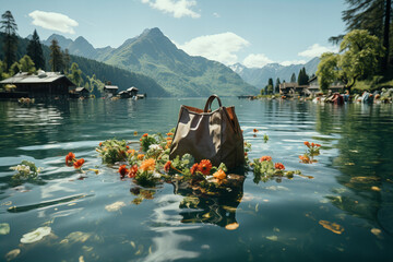 Tranquil Alpine Lake with Blooming Flowers and Floating Leather Bag Banner - obrazy, fototapety, plakaty