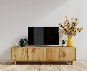 a modern TV stand with a black screen on a white wall and a yellow vase with flowers in the style of a minimalistic interior design