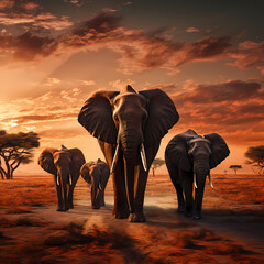 A family of elephants walking across an open plain