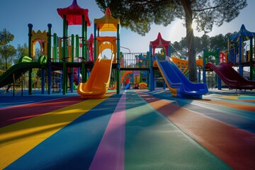 A playground bathed in the warm glow of sunset, casting long shadows over a multicolored surface.