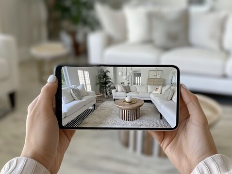 A woman is holding a cell phone up to her eye, looking at a picture of a living room. The room is filled with white furniture, including a couch, a coffee table, and a few chairs