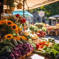 A farmers market with fresh produce and flowers. 