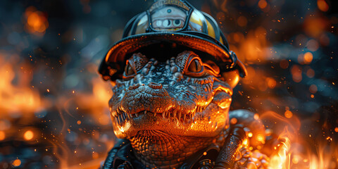 Brave Reptilian Firefighter Ready For Action Amidst Fiery Blaze Banner