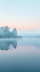A foggy morning envelops the still blue lake, creating a perfect mirror image of the trees on the water's surface