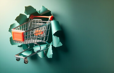 shopping cart  ejaculated from  through a torn green paper