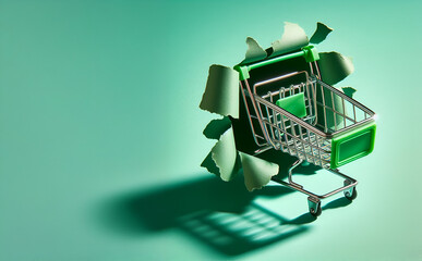 shopping cart  ejaculated from  through a torn green paper - obrazy, fototapety, plakaty