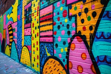 A vibrant street art mural showcasing a colorful wall painted with a variety of different colors, creating a retro and eclectic atmosphere.