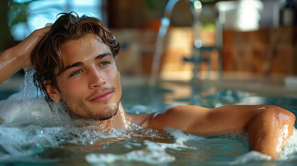 Fototapeta premium Relaxed young man enjoying a hot tub with water jets in the background, showcasing leisure and wellness.