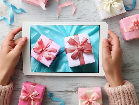A person is holding a tablet with a picture of two pink boxes on it. The boxes are wrapped in pink ribbons and are placed on a table. Concept of celebration and joy