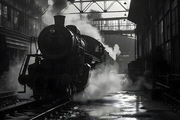 Monochrome photo of an old steam locomotive in a train yard.
 - obrazy, fototapety, plakaty