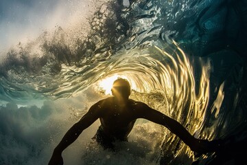 A surfer rides a wave during a spectacular sunset, the golden light filtering through the waters swirl. - obrazy, fototapety, plakaty