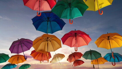 umbrellas in different  gradient color with abstract full framed view in  blue sly background 