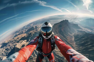 A person in a red jacket soars through the air in a moment of weightlessness and freedom.