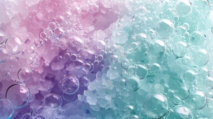 split canvas featuring soft lilac and mint green tones, enhanced by clusters of transparent bubbles dispersed evenly across both sections.