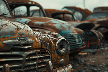 Old vintage rusty car truck abandoned in the junkyard