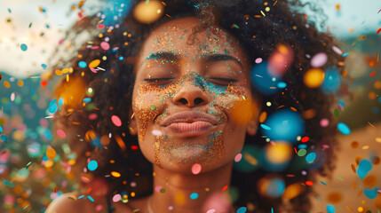 Joyful young woman with eyes closed surrounded by colorful confetti, capturing a moment of happiness and celebration. - 768774760