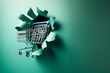 shopping cart  ejaculated from  through a torn green paper - obrazy, fototapety, plakaty