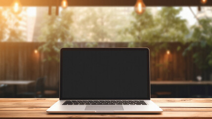 Laptop with blank screen on wooden table. Mock up