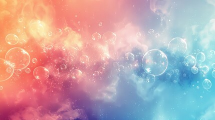 horizontally divided background with subtle gradient transitions from peach to sky blue, adorned with ethereal bubbles of varying opacities.