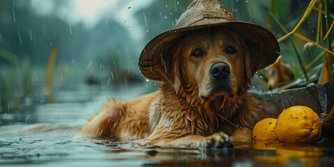 A Rainy Day Companion: Golden Retriever in Hat with Lemons Banner