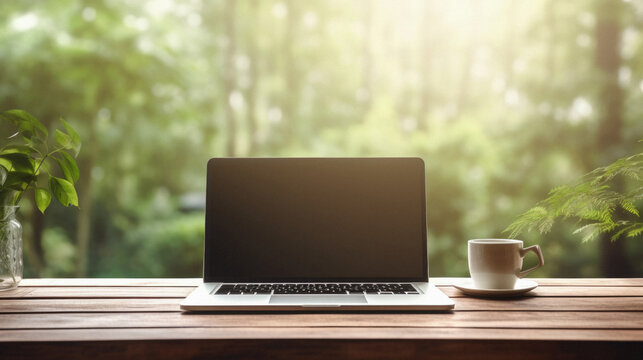 Laptop with blank screen and coffee cup on wood table with nature background .