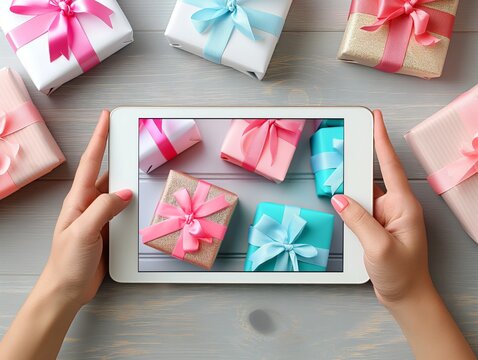 A person is holding a tablet and looking at a picture of many different colored boxes. The boxes are all different sizes and colors, and they are all tied with ribbons. Concept of joy and excitement