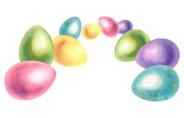 Easter eggs in yellow, pink, blue and green on a white background, watercolor. Colored stones, lollipops, sweets. Clipart for decoration, postcard design.