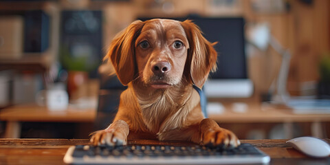 Focused Canine Typist Prepares for a Busy Workday at Home Office Banner - obrazy, fototapety, plakaty