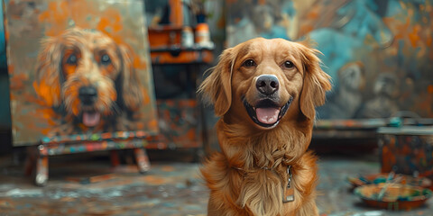 Artistic Golden Retriever Posing Proudly Before Its Colorful Portrait Banner