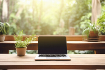 Laptop computer with blank screen on wooden table in coffee shop .