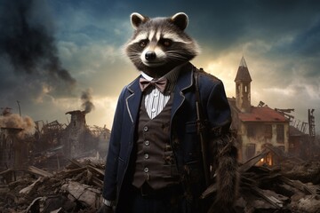 a raccoon in a suit and bow tie - obrazy, fototapety, plakaty