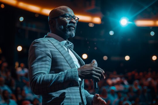 Professional Photography of a Motivational Speaker Delivering a Powerful Message on Stage, Generative AI