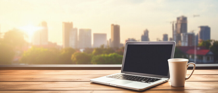 Laptop with blank screen and coffee cup on wooden table with cityscape background