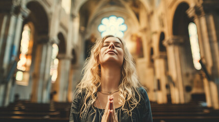 Mulher loira orando alegremente na igreja 