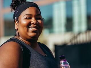 Active Plus Size Woman with Water Bottle. A plus size woman in sportswear holds a water bottle,...