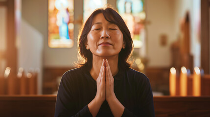 Mulher japonesa orando alegremente na igreja