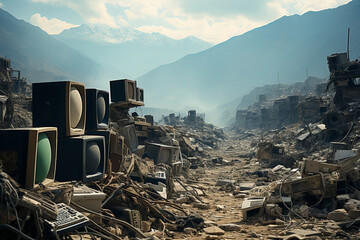 Futuristic Electronic Wasteland: A Stark Warning Banner of Environmental Decay - obrazy, fototapety, plakaty